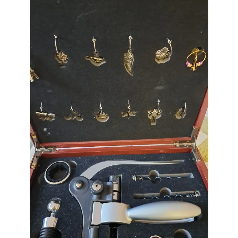 20-Piece Complete Wine Set Corkscrew Bar Tools Charms Wooden Box